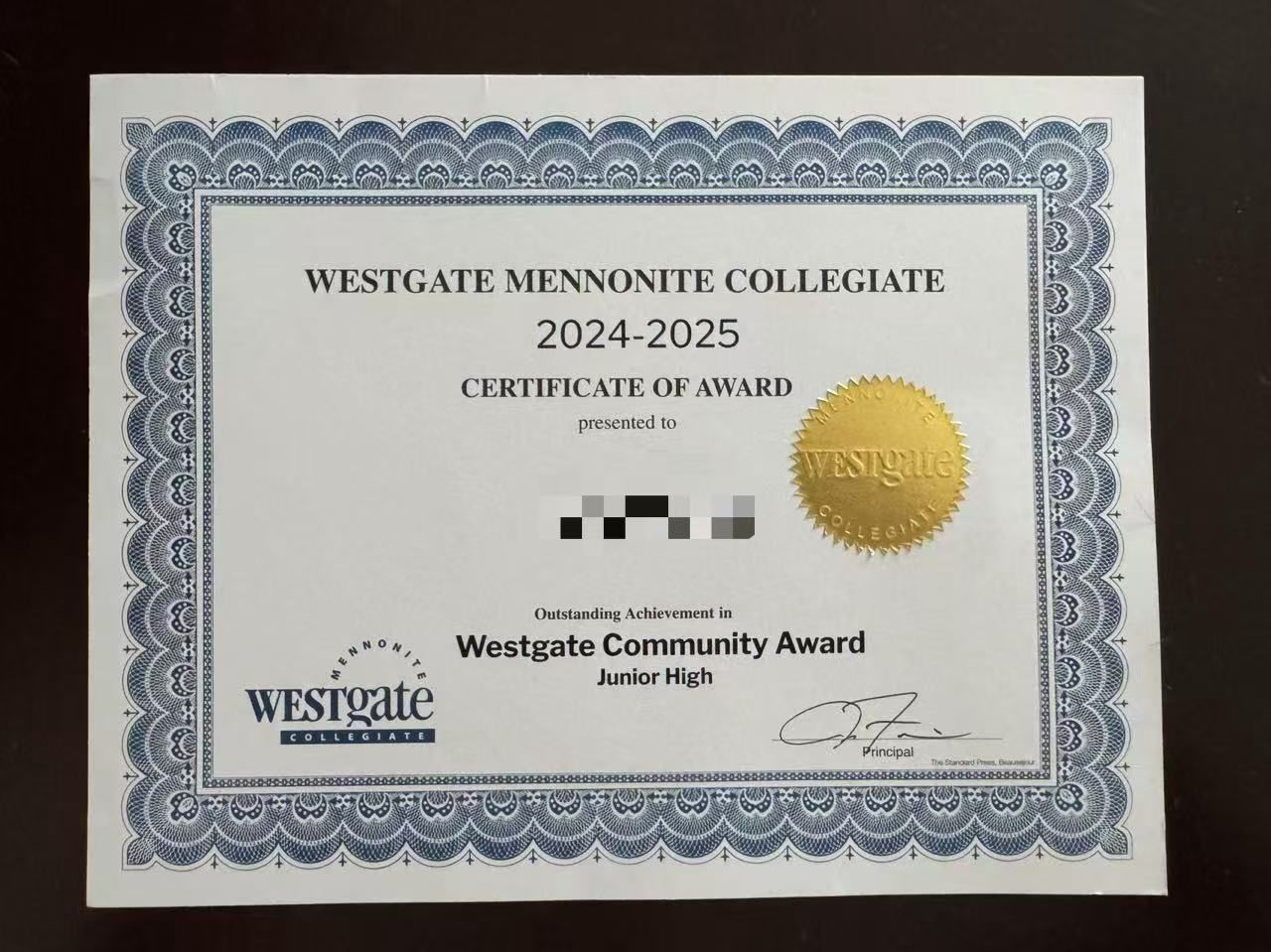 Westgate Mennonite Collegiate certificate of award, 2024 to 2025