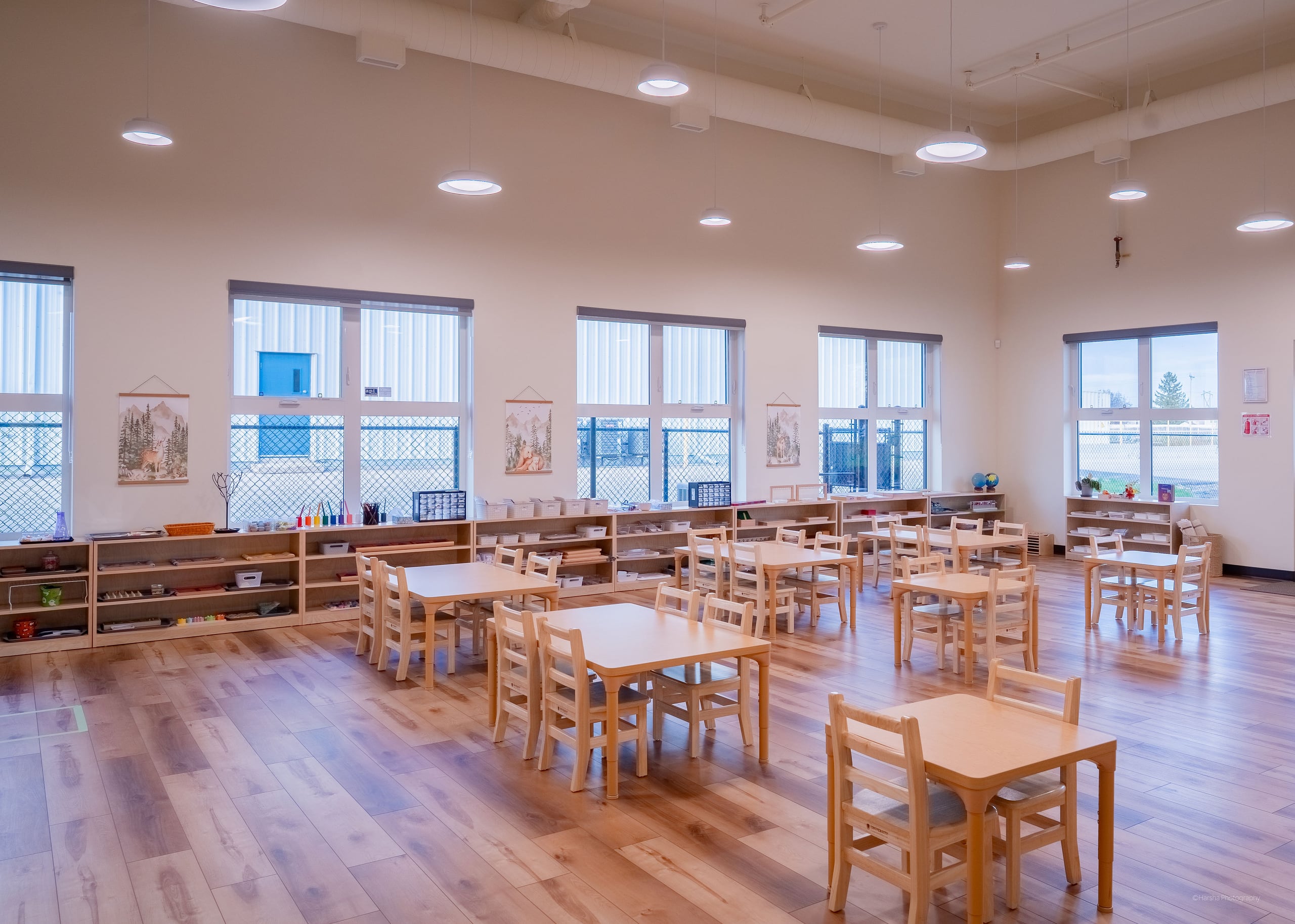 Child-sized tables in the morning light