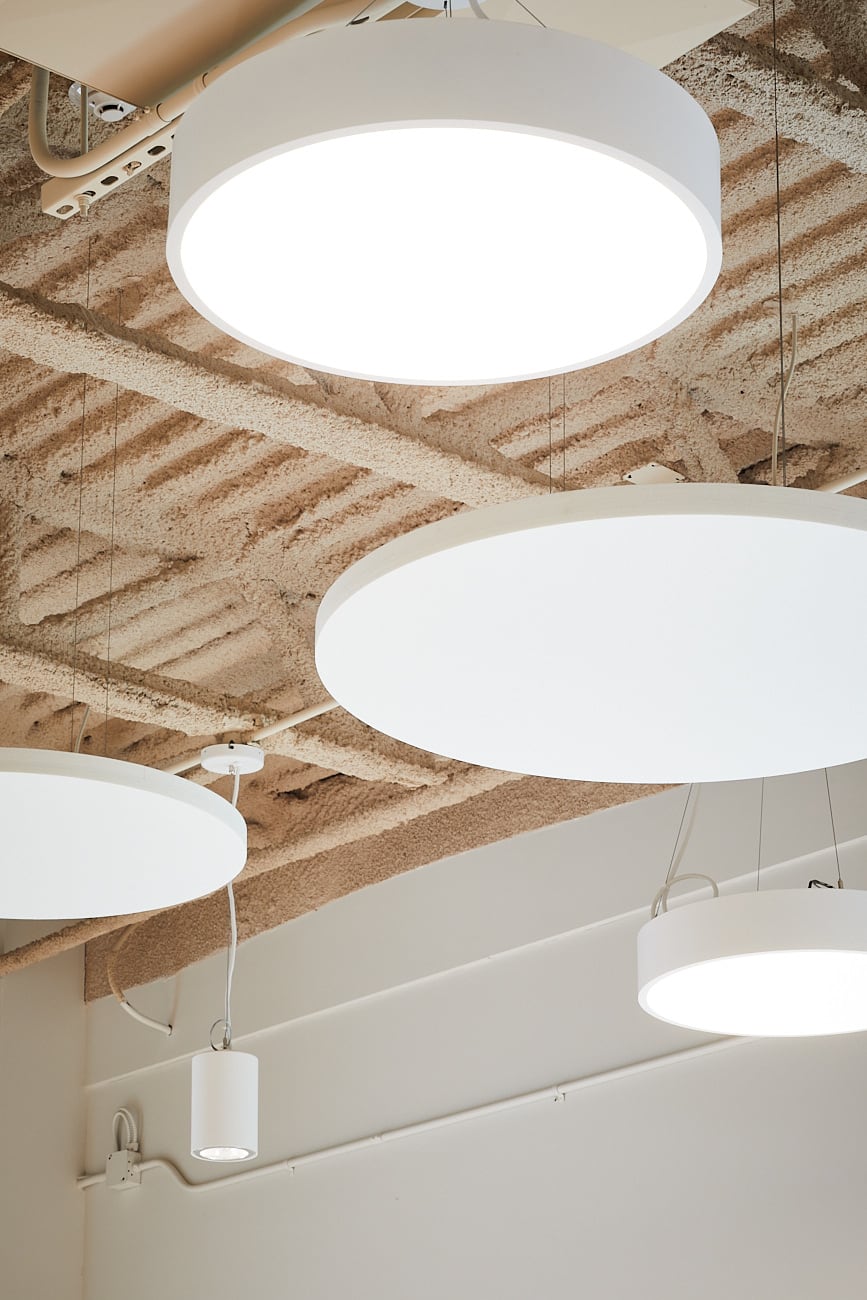 Warm light under a wood ceiling